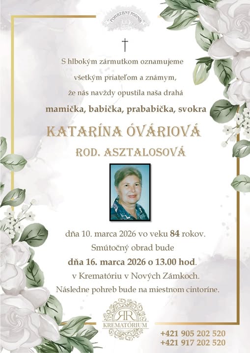 Parte pre Óváriová Katarína rod. Asztalosová